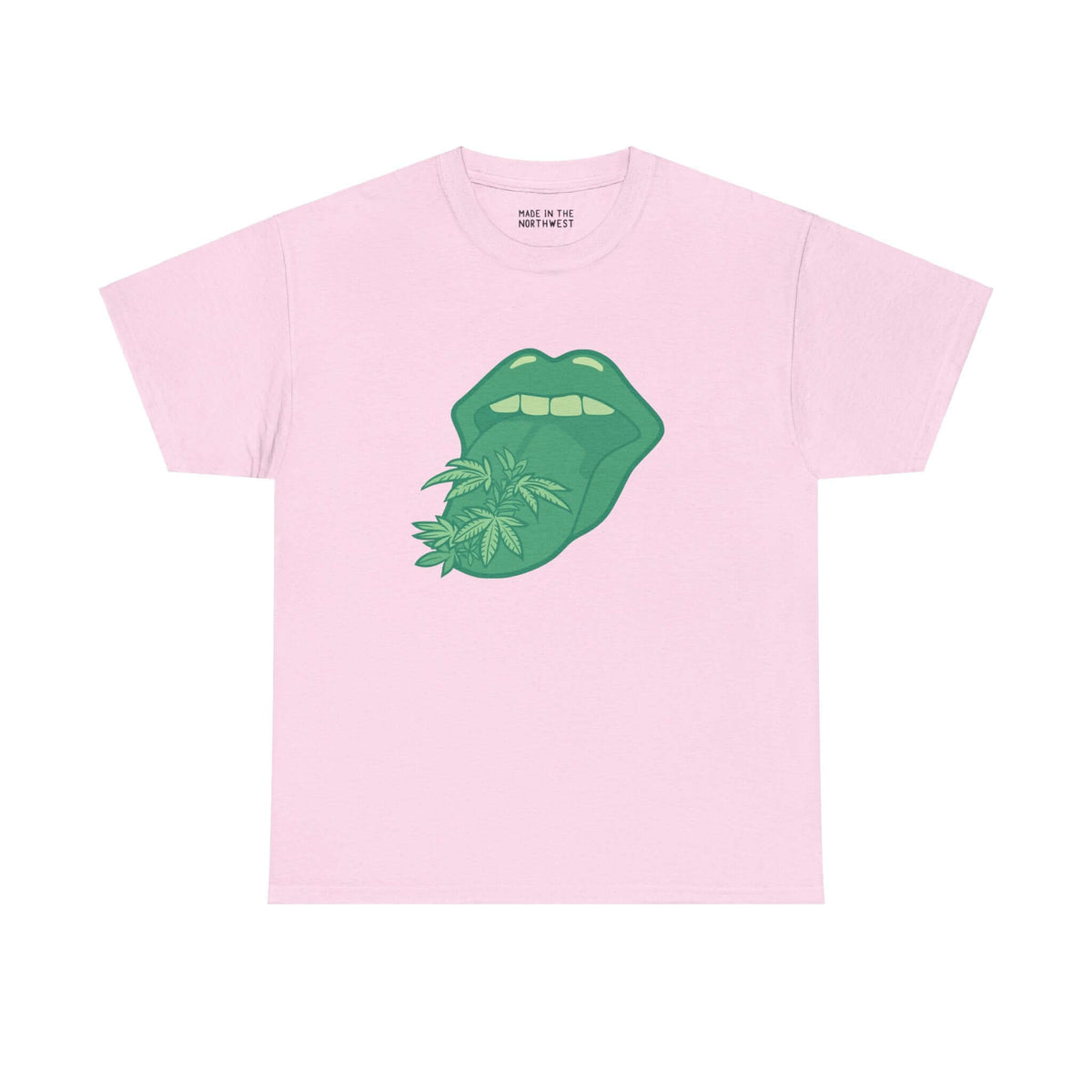 Pink athletic tee with bold green tongue and marijuana leaves design, featuring the 'Tongue Tied and Lifted' theme.