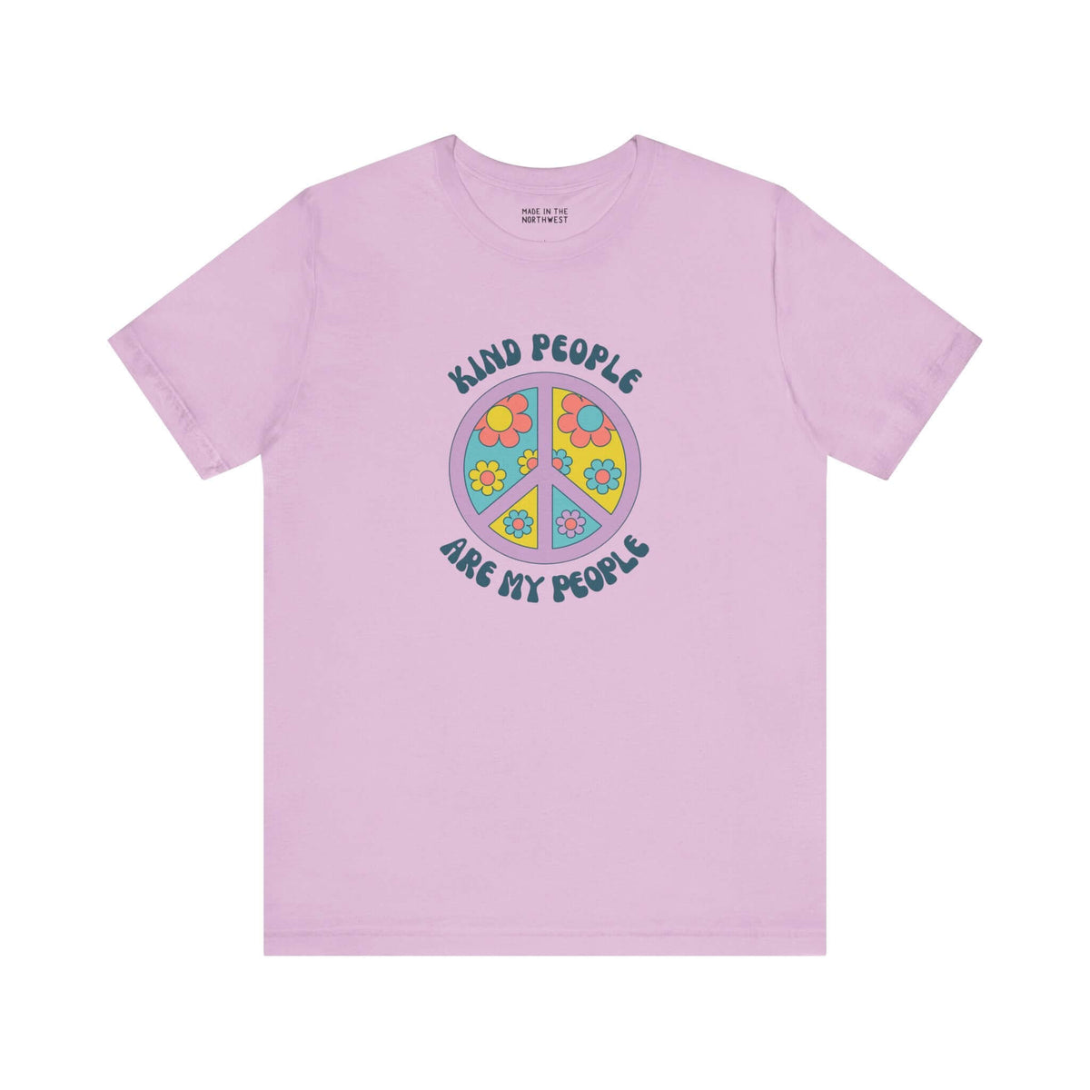 Pink unisex tee featuring 'Kind People Are My People' and a floral peace sign design.