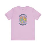 Pink unisex tee featuring 'Kind People Are My People' and a floral peace sign design.