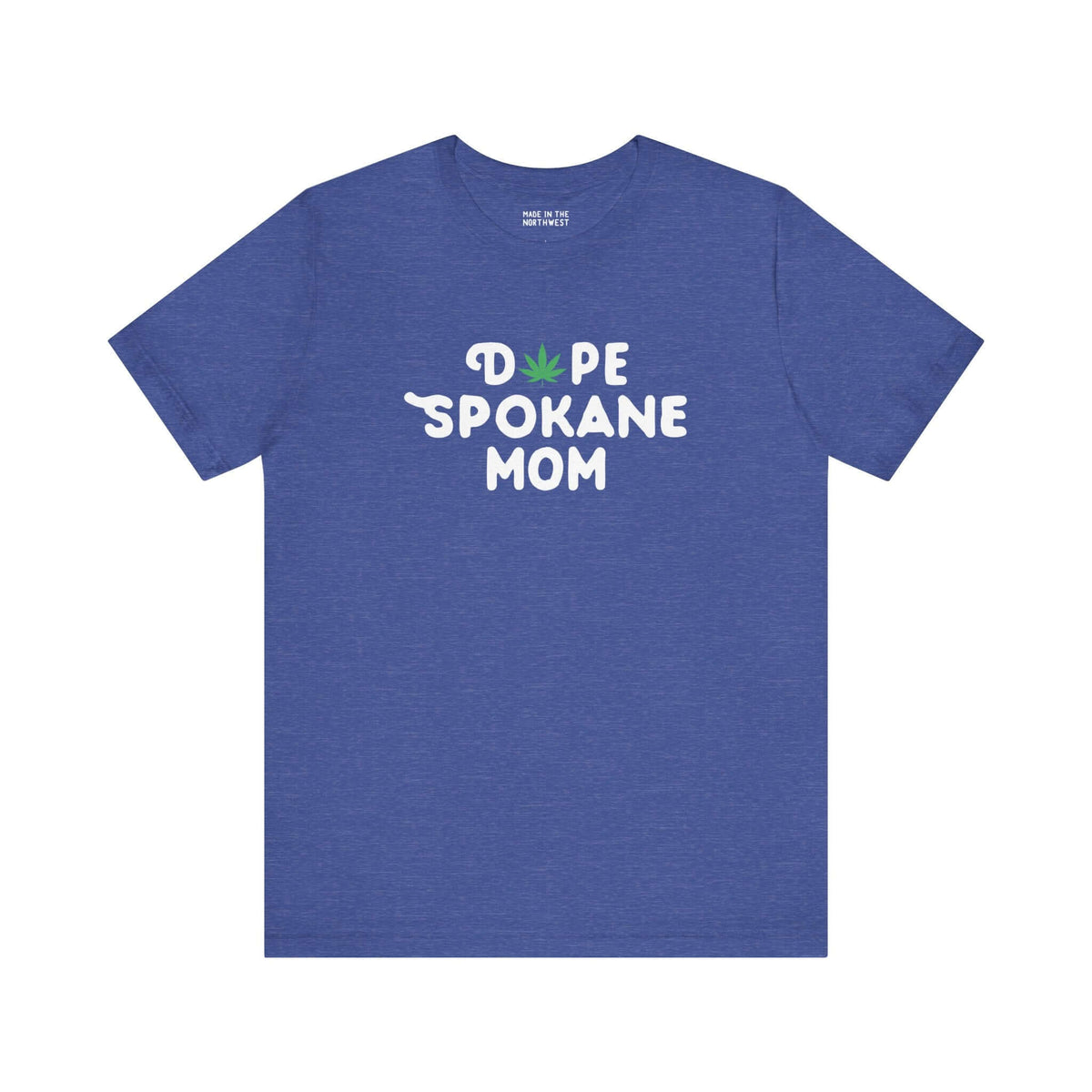 Dope Spokane Mom premium soft tee in blue featuring a playful marijuana leaf in the 'O', perfect for cool moms.