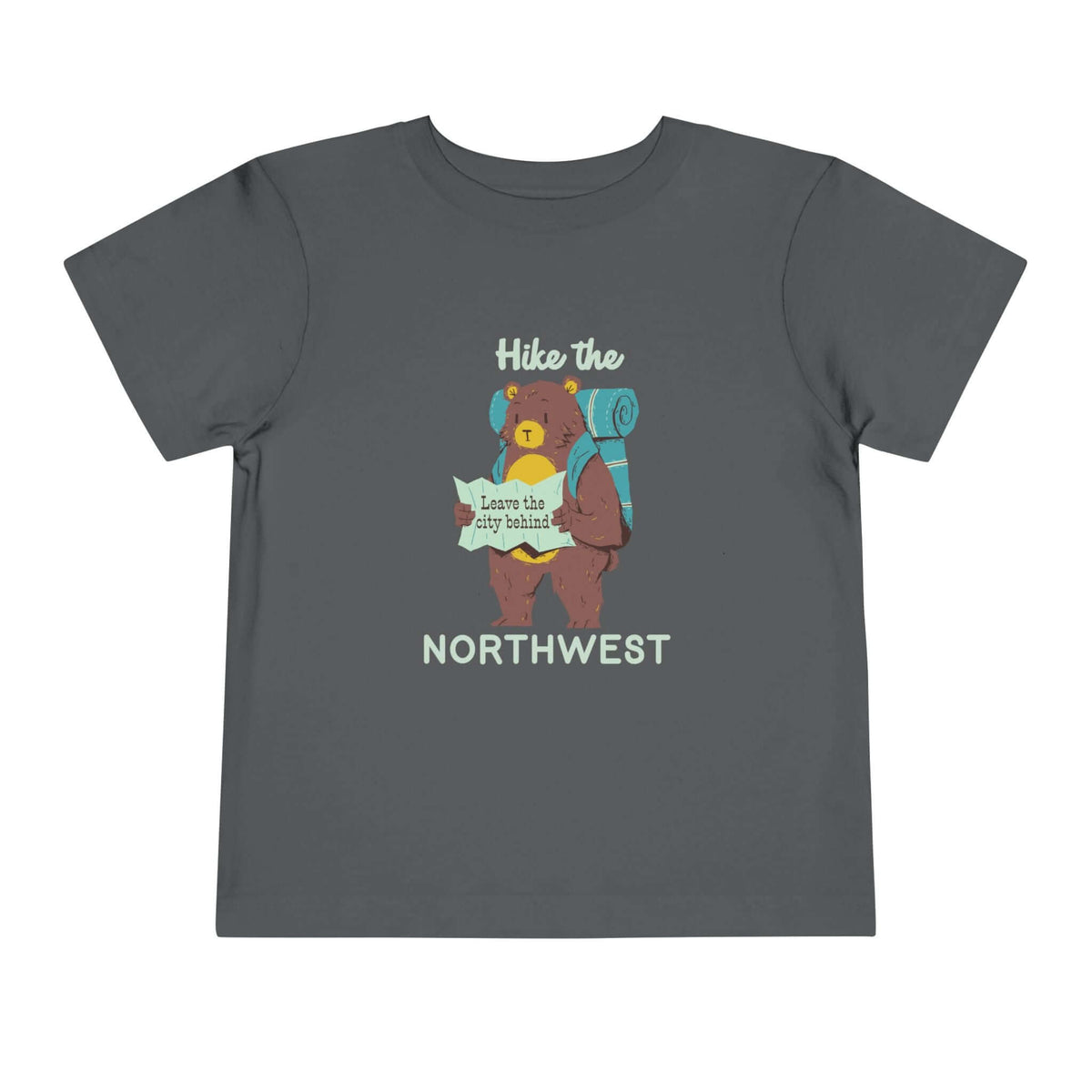 Hike the Northwest toddler tee featuring a bear with a map saying "leave the city behind" on a gray shirt.