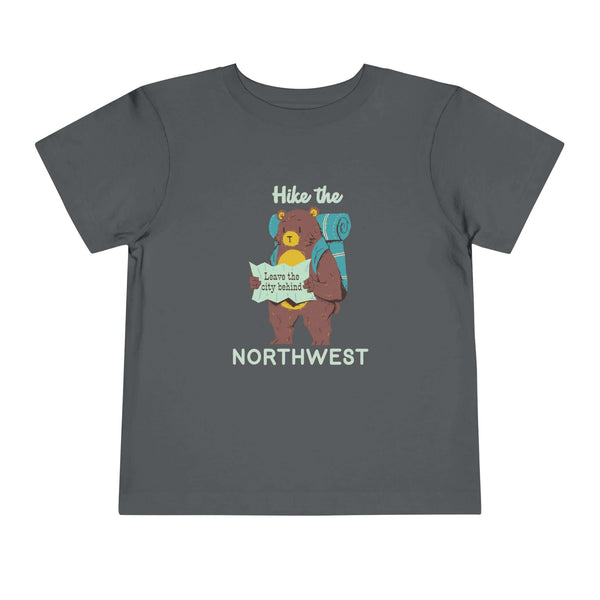 Hike the Northwest toddler tee featuring a bear with a map saying "leave the city behind" on a gray shirt.