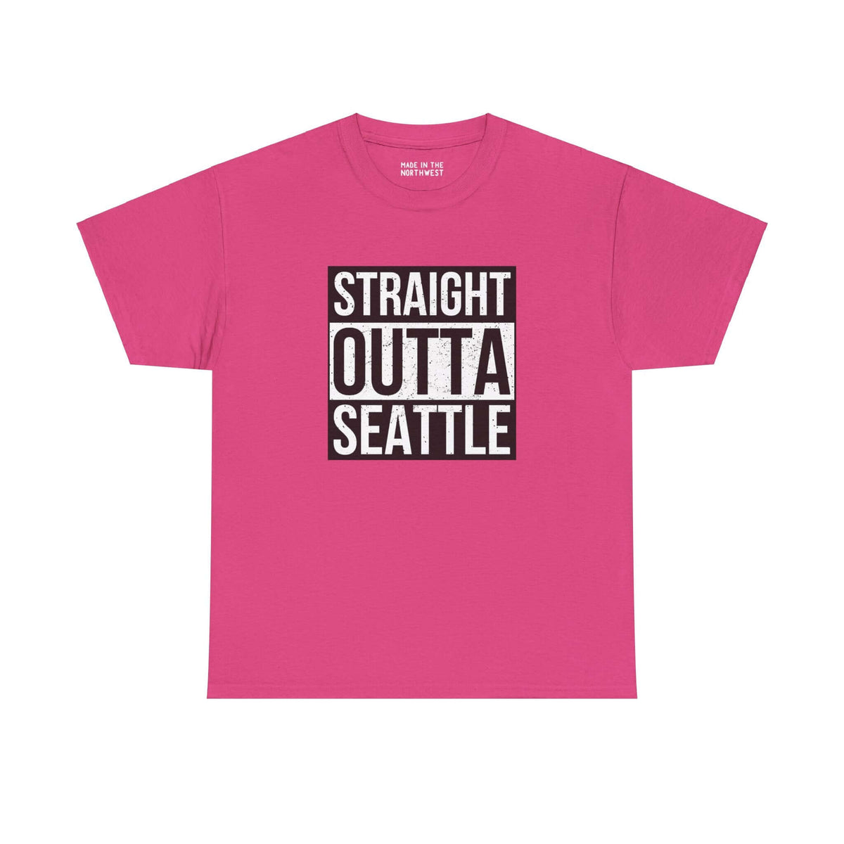 Pink "Straight Outta Seattle" athletic tee featuring bold black and white lettering, inspired by classic streetwear design.