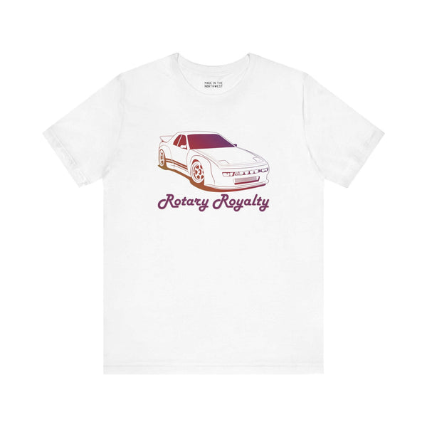 Rotary Royalty JDM car enthusiast tee featuring 1991 Mazda RX-7 design, ideal for Mazda fans and rotary lovers.