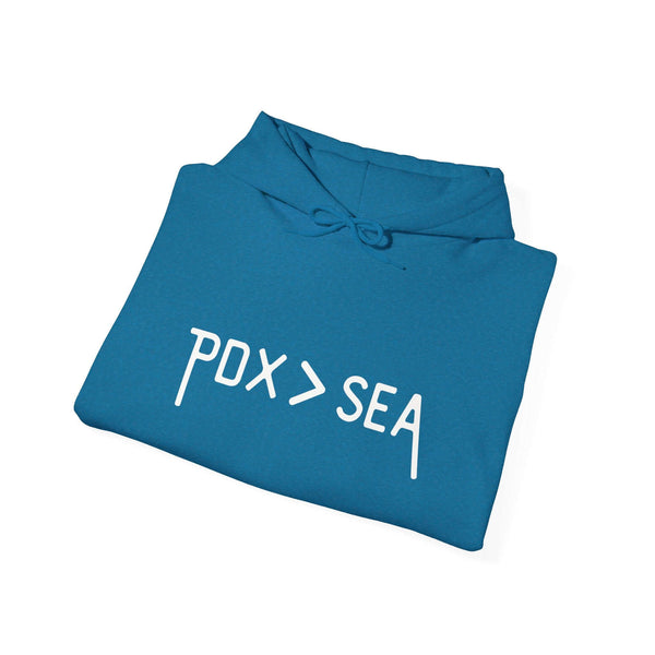Teal PDX > SEA hoodie highlighting Portland pride and local culture.