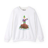 Funny 'Say Hello to My Little Friend' sweatshirt featuring a gnome with an axe on a stump.