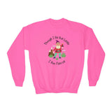 Kids' pink sweatshirt with a colorful gnome and the phrase 