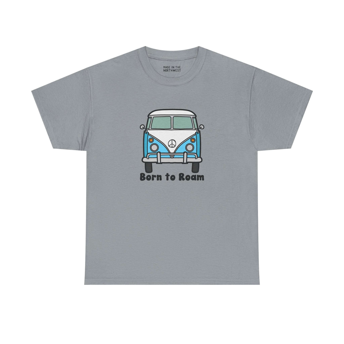 Born to Roam athletic tee featuring classic vanagon bus design and peace sign, perfect for adventure lovers.