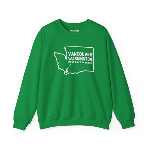 Green Vancouver Washington sweatshirt with state outline and tree icon, showcasing Pacific Northwest pride and style.