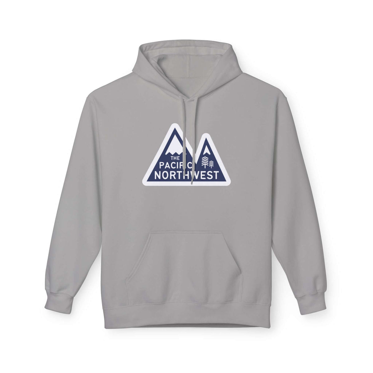 Pacific Northwest Heights Mountain Premium Midweight Hoodie in light gray with mountain graphic and bold text.