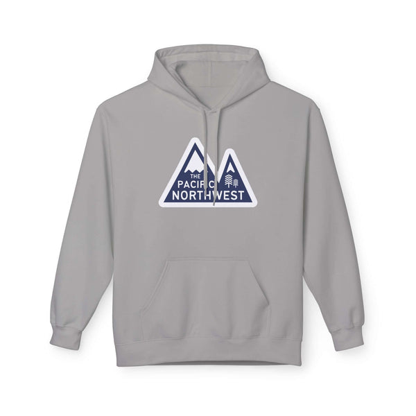 Pacific Northwest Heights Mountain Premium Midweight Hoodie in light gray with mountain graphic and bold text.