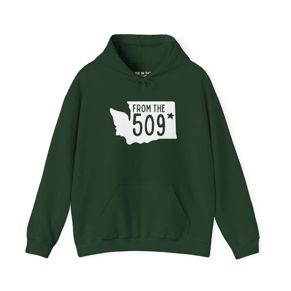 Green hoodie with 'From the 509' text and Washington state silhouette, showcasing Spokane pride.