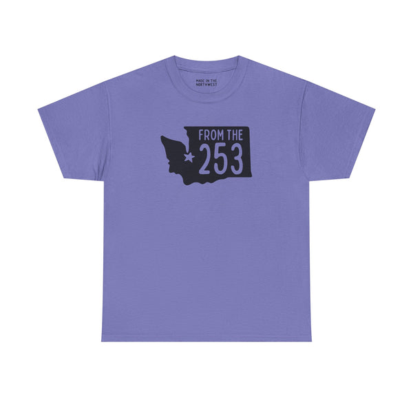 Lavender Washington State Athletic Tee featuring 'From the 253' design, celebrating Tacoma pride.