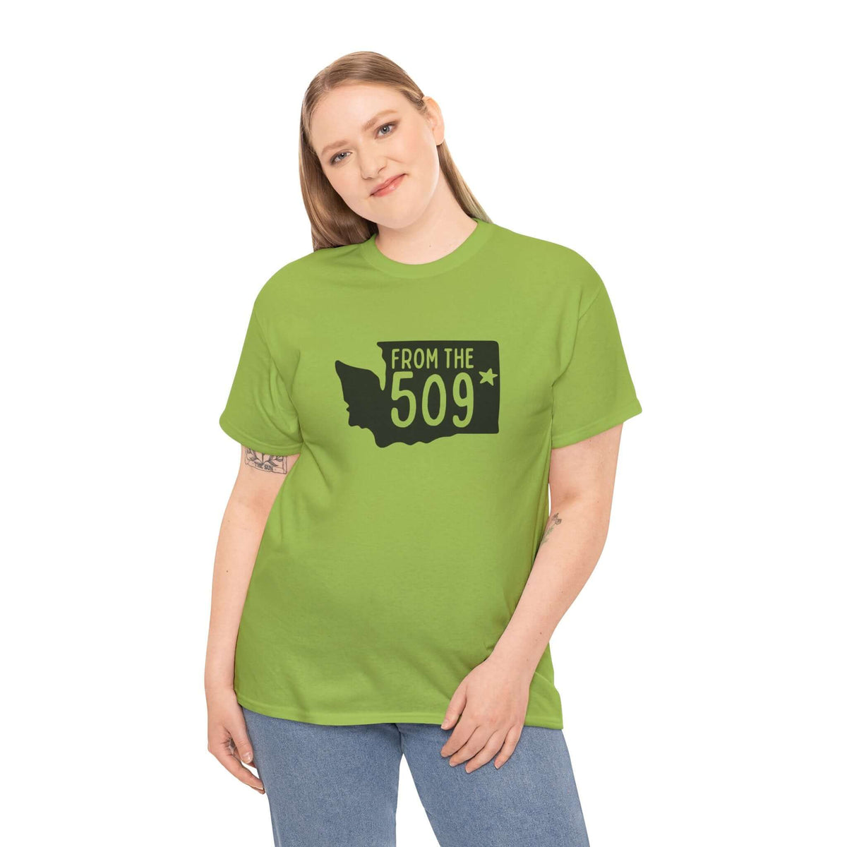 Model wearing a green 'From the 509' Washington State tee featuring Spokane star design, perfect for local pride.