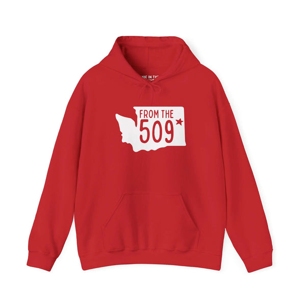 Red hoodie featuring 'From the 509' text and Washington state silhouette, celebrating Spokane pride.