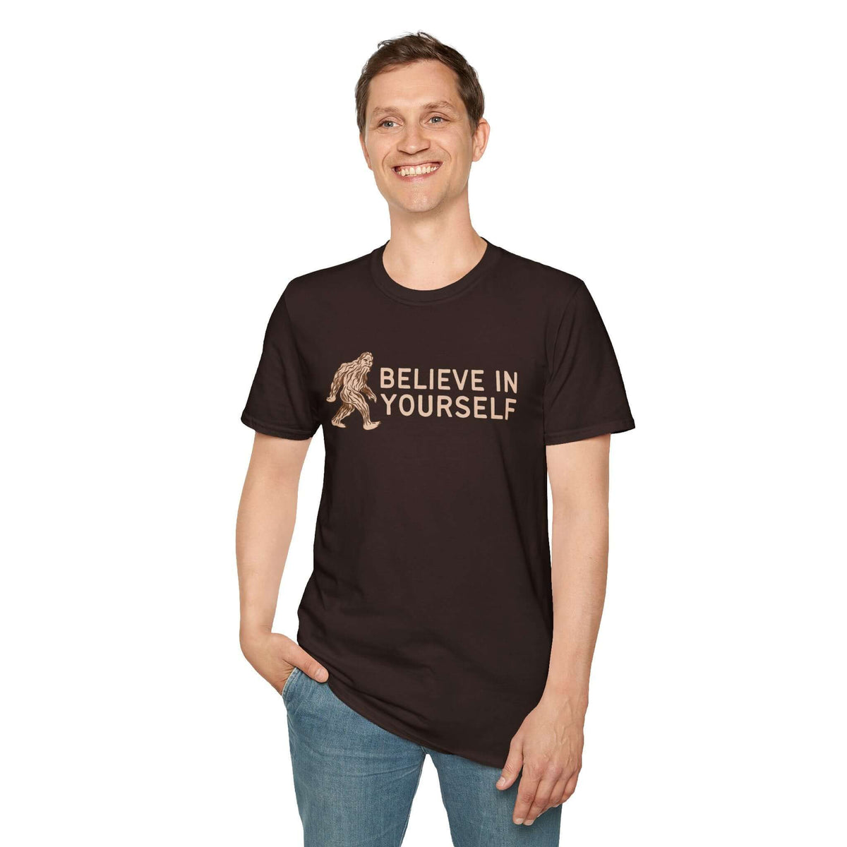Man wearing Believe in Yourself T Shirt with Bigfoot design, radiating positivity and motivation.