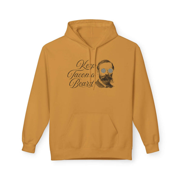 Keep Tacoma Beard Hoodie featuring a vintage-style bearded dude in bold sunnies on a gold sweatshirt.