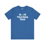 Dope Tacoma Dad premium soft tee featuring playful marijuana leaf logo on a blue shirt, perfect for cool Tacoma dads.