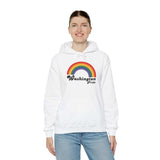 Person wearing a white hoodie with a rainbow and 'Washington Pride' design, celebrating LGBTQ+ pride.