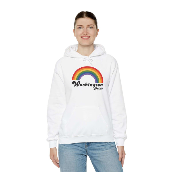 Person wearing a white hoodie with a rainbow and 'Washington Pride' design, celebrating LGBTQ+ pride.