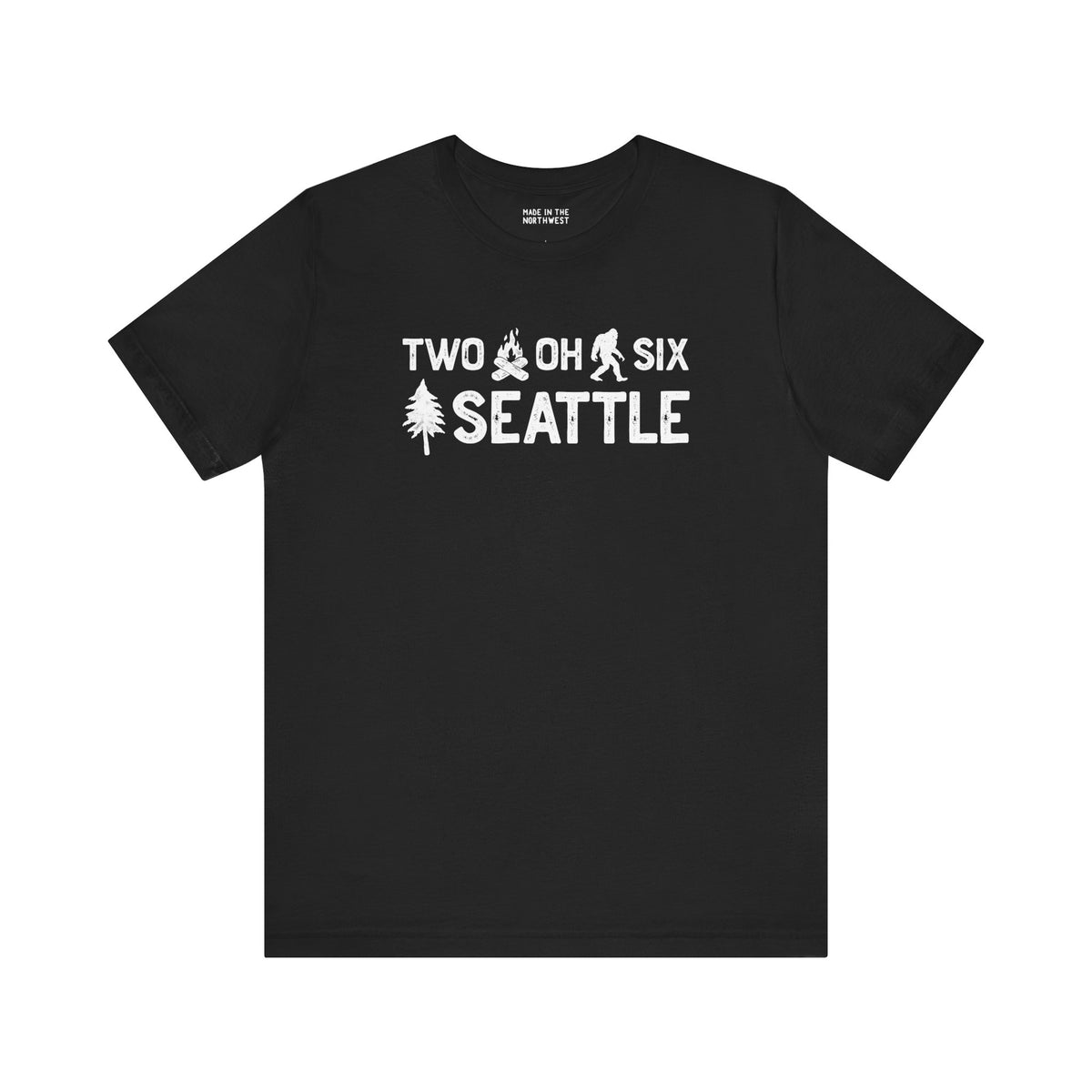 Two Oh Six Roots Premium Soft Tee for Seattle pride featuring axe and tree design on a black shirt.