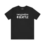 Two Oh Six Roots Premium Soft Tee for Seattle pride featuring axe and tree design on a black shirt.