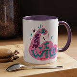 Colorful I Can I Will Mug featuring a playful heart graphic and deep purple C-handle on a wooden table.