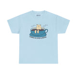 Light blue athletic tee with a bear lounging in a coffee cup, featuring the text 