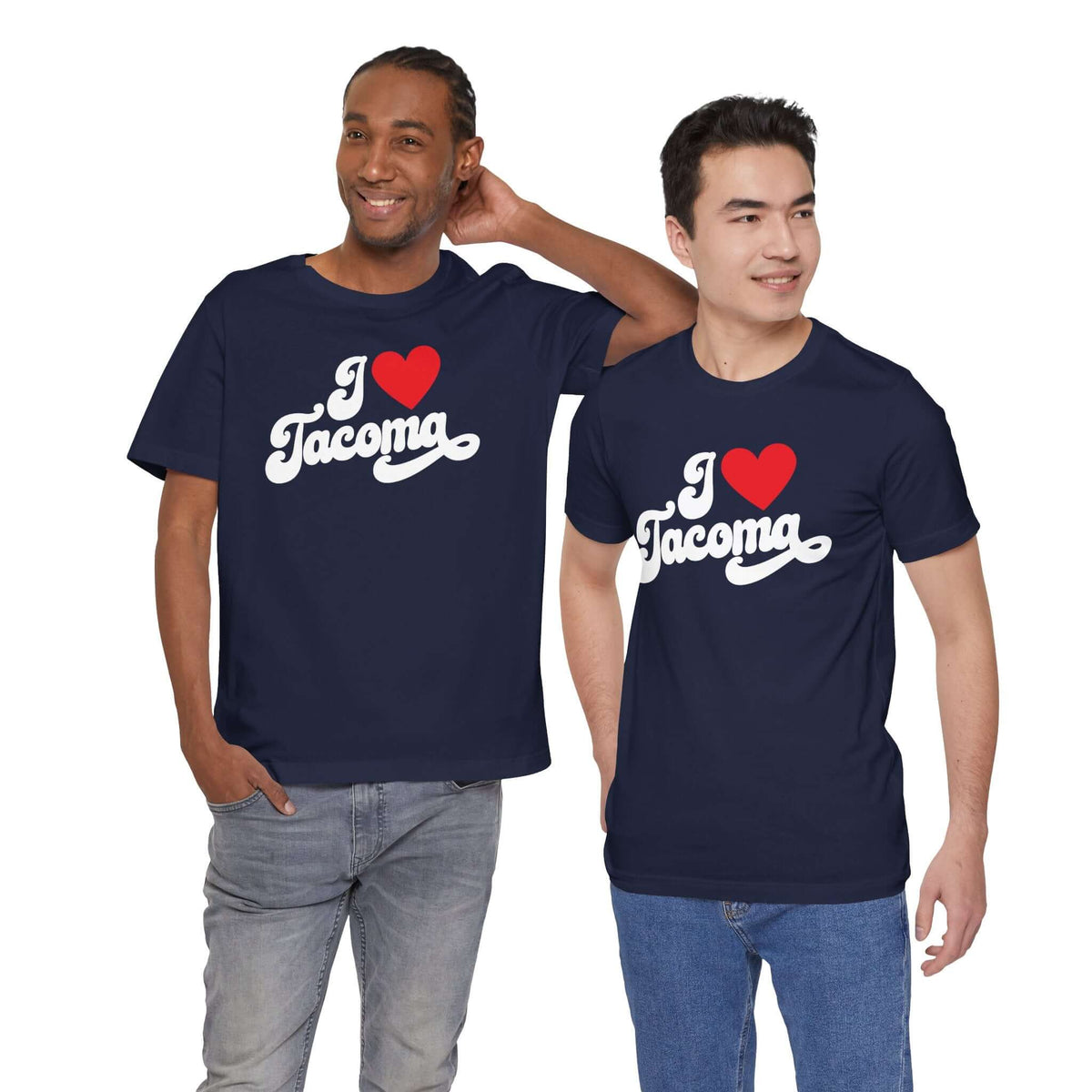 I love Tacoma t shirt displayed on two men, showcasing hometown pride and Washington charm.