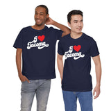 I love Tacoma t shirt displayed on two men, showcasing hometown pride and Washington charm.