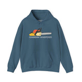 Chainsaw Whisperer Hoodie featuring a playful chainsaw graphic on a blue background.
