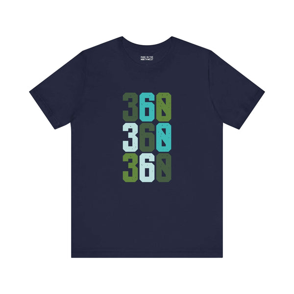 Three-Six-Oh Pop Premium Soft Tee in navy with stacked colorful 360 area code design.