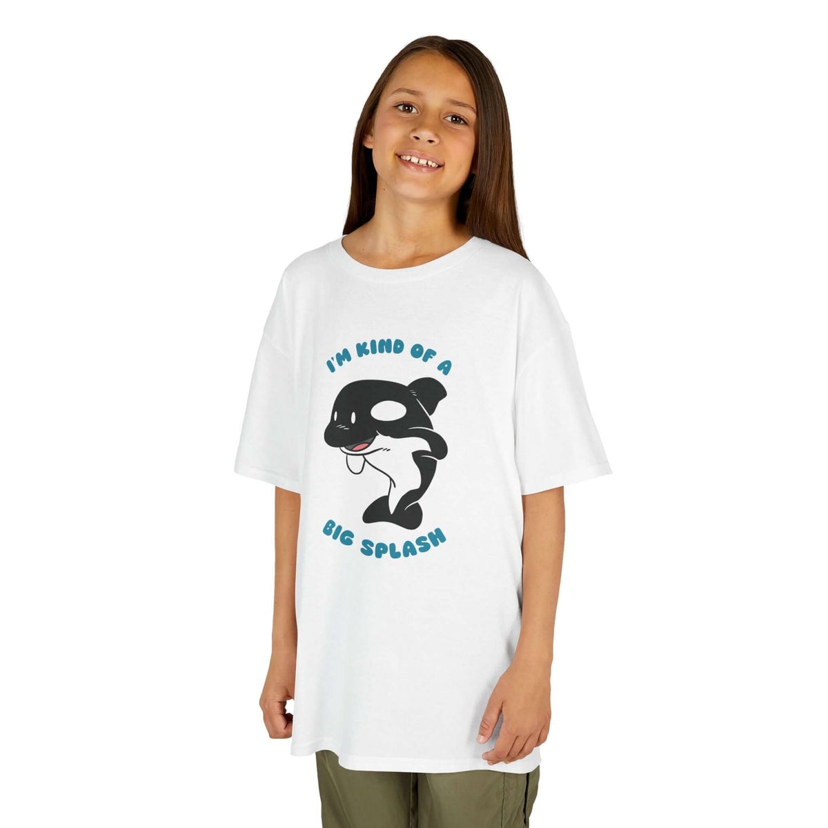 Child wearing a white I'm Kind of a Big Splash Orca tee, featuring a playful orca design, great for ocean-loving kids.