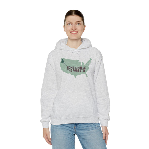 Cozy hoodie with 'Home is Where the Forest Is' design, perfect for nature lovers and outdoor enthusiasts.