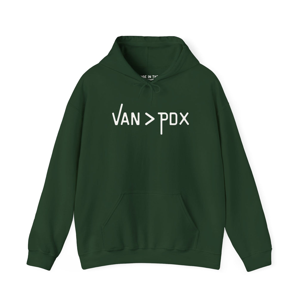 Vancouver over Portland cozy hoodie featuring 'VAN > PDX' design in green, perfect for outdoor enthusiasts.