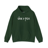 Vancouver over Portland cozy hoodie featuring 'VAN > PDX' design in green, perfect for outdoor enthusiasts.