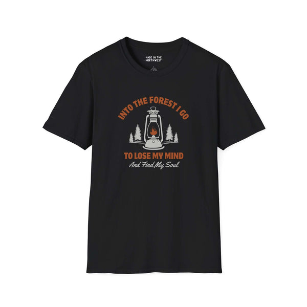 Into the Forest I Go T-Shirt featuring a lantern design, perfect for nature lovers and outdoor enthusiasts.