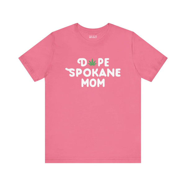 Pink "Dope Spokane Mom" soft tee with marijuana leaf design, perfect for stylish moms in Washington state.