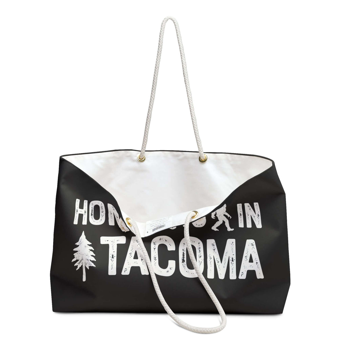 Home is in Tacoma Weekender Bag featuring a design with trees and Bigfoot, perfect for PNW adventures.