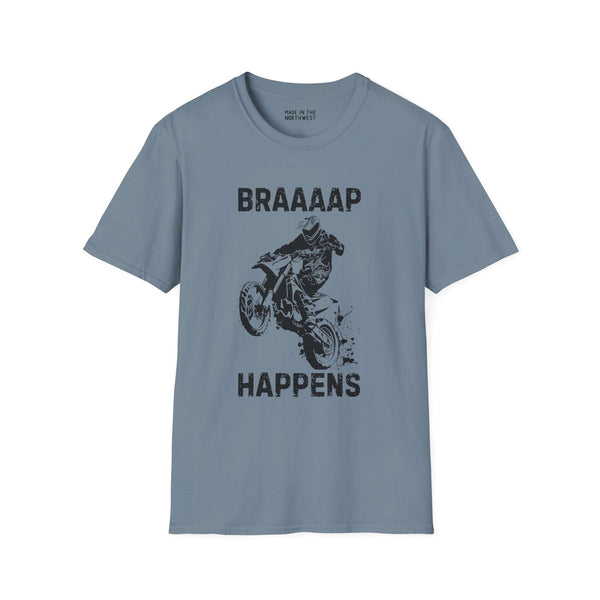 Braaaap Happens motocross softstyle t-shirt in blue, featuring a rider on a dirt bike with bold text.