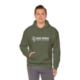 Model wearing Axes Speak Louder Than Words unisex hoodie in olive green, showcasing a bold lumberjack graphic.