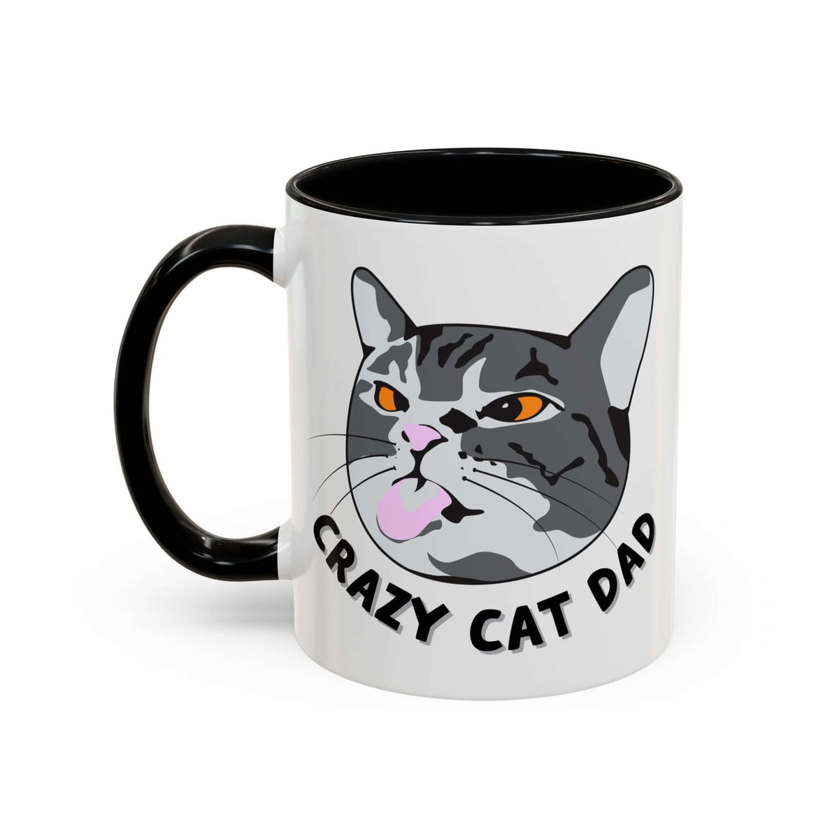 Crazy Cat Dad Mug featuring an illustrated tabby cat face and playful text design.