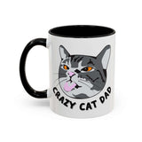 Crazy Cat Dad Mug featuring an illustrated tabby cat face and playful text design.