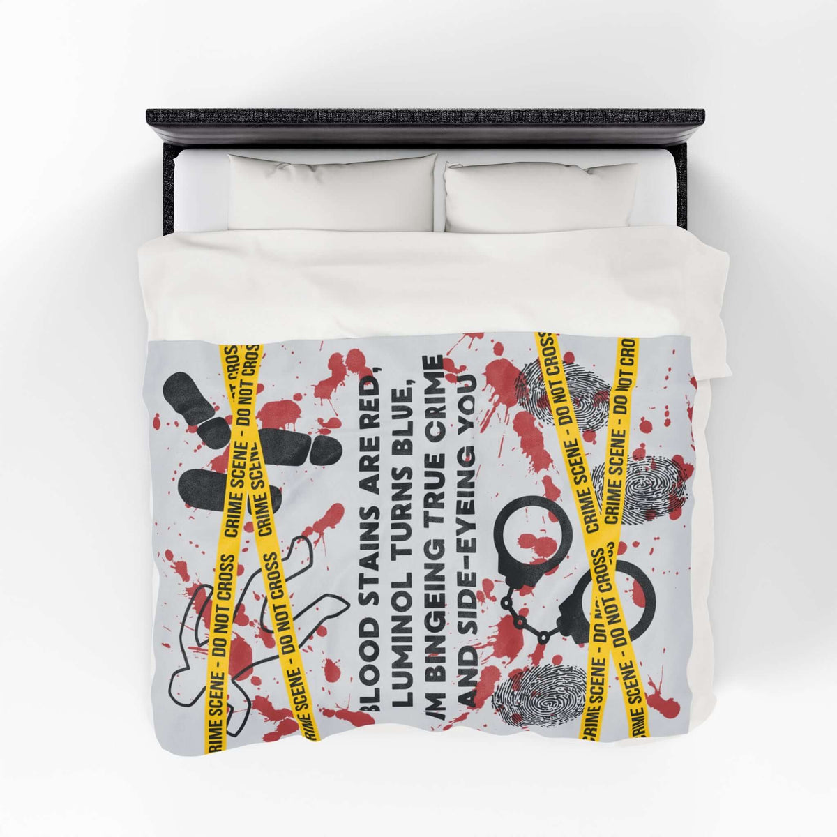 The Crime Scene Snuggle Lightweight Blanket for True Crime Lovers featuring crime scene tape and splatter design.