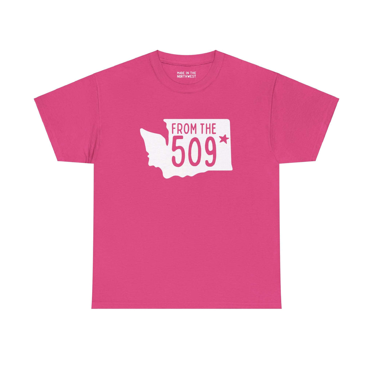 Pink "From the 509" tee with Washington state silhouette and Spokane star, showcasing local pride and area code representation.