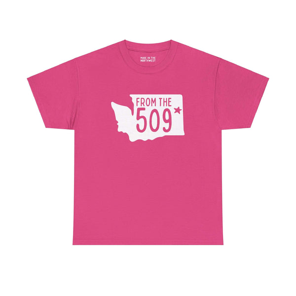 Pink "From the 509" tee with Washington state silhouette and Spokane star, showcasing local pride and area code representation.