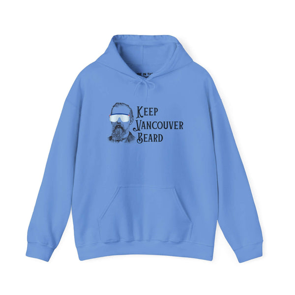 Keep Vancouver Beard hoodie in blue featuring a vintage bearded icon, perfect for laid-back outdoor adventures.