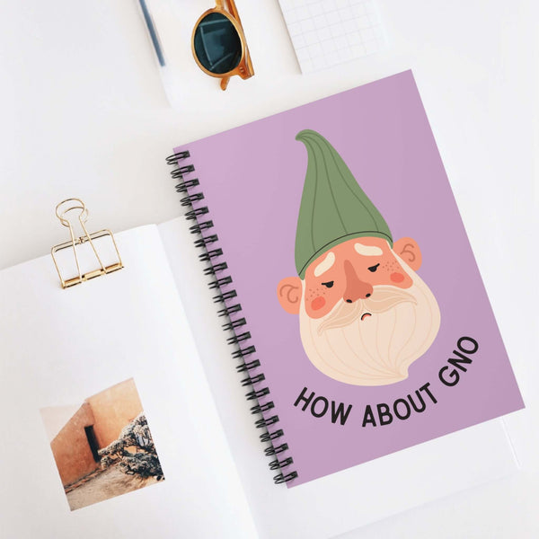How About Gno spiral notebook featuring a grumpy gnome on a pastel purple cover, perfect for venting and rants.