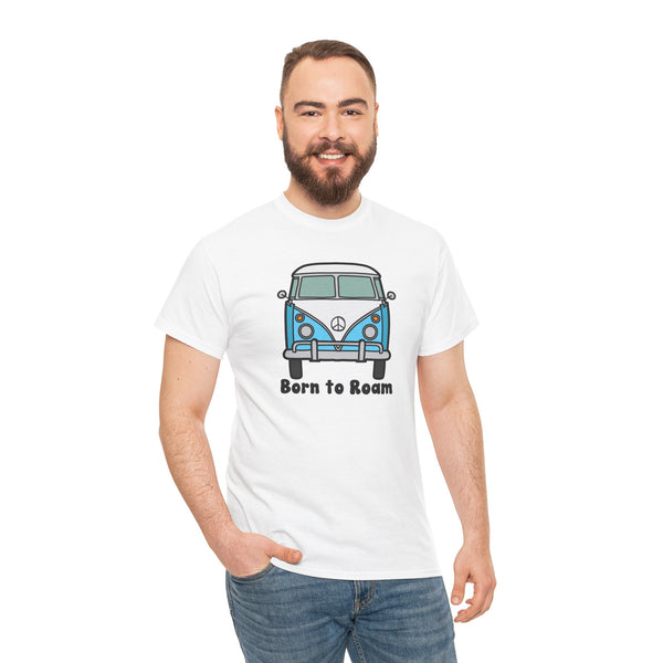 Man wearing Born to Roam tee with vintage vanagon bus graphic and peace sign, perfect for wanderers.