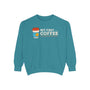 But First Coffee Sweatshirt in teal with hand-drawn coffee cup design for cozy mornings.